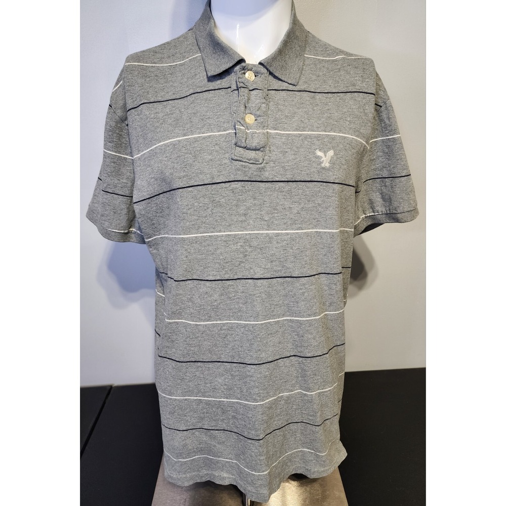 American Eagle Outfitters Mens Size XL Gray Vintage Fit Blue Striped‎ Polo Shirt